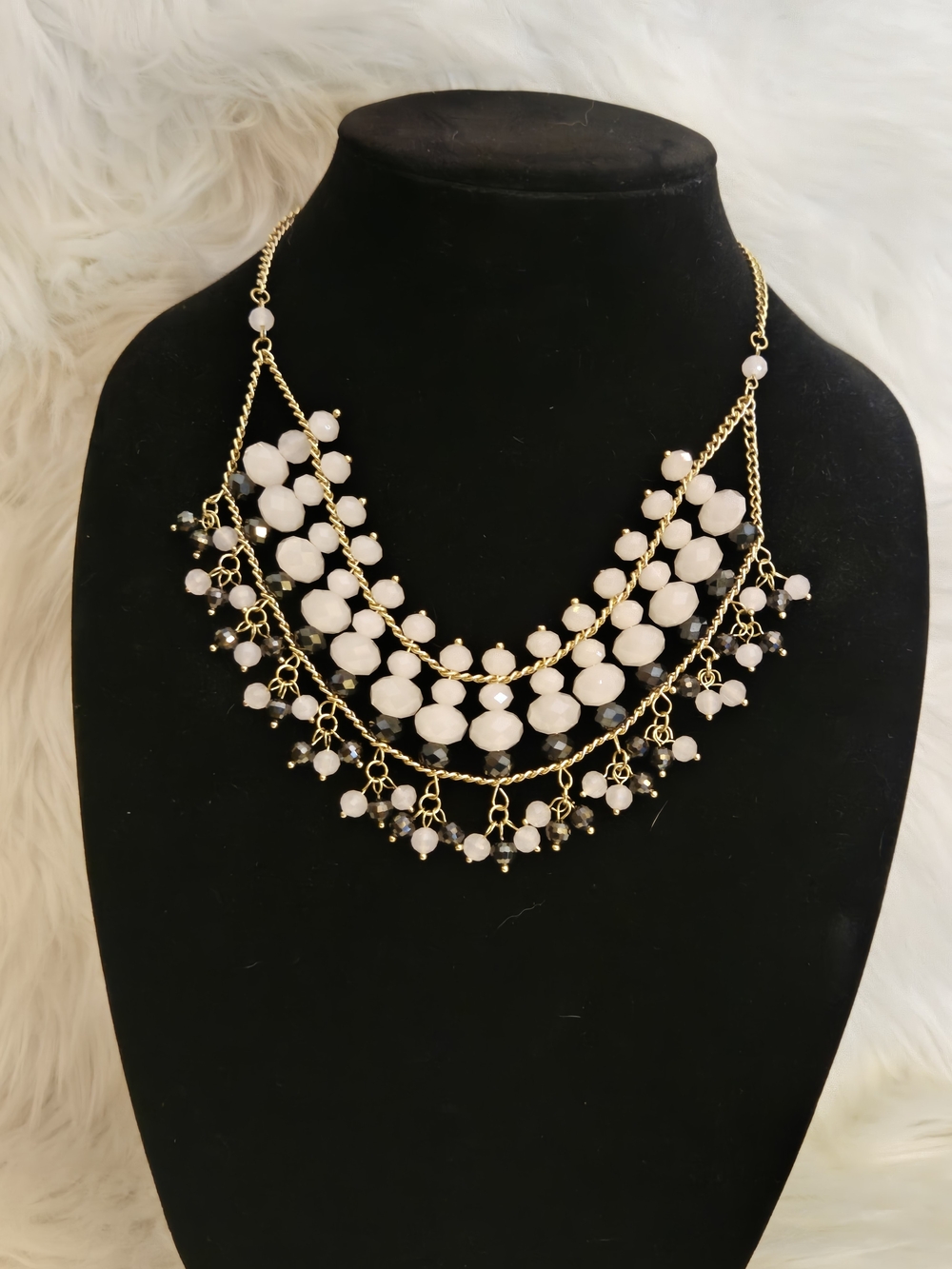 Chico's Bib Statement Necklace with Light Pink And Black Beads
